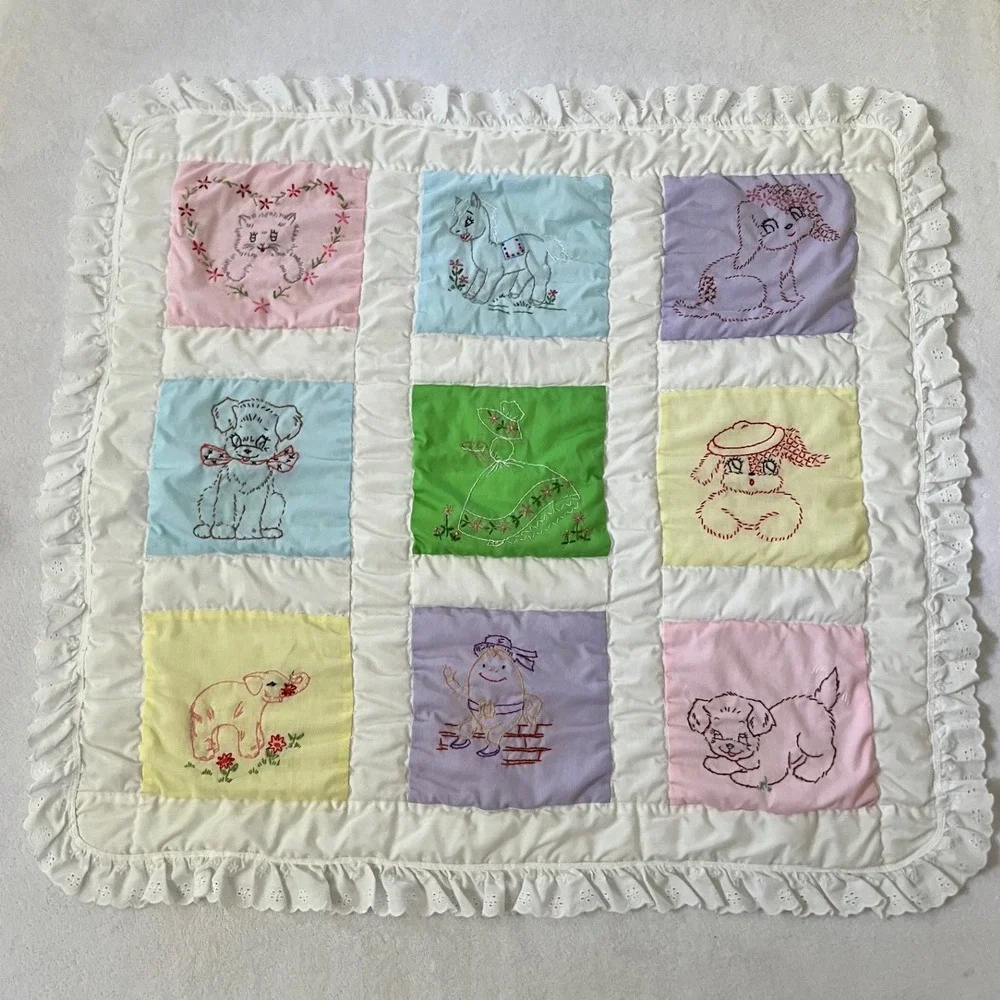 Handmade Hanging Quilt Multicolor Pastel Embroidered Grandmacore 28x28